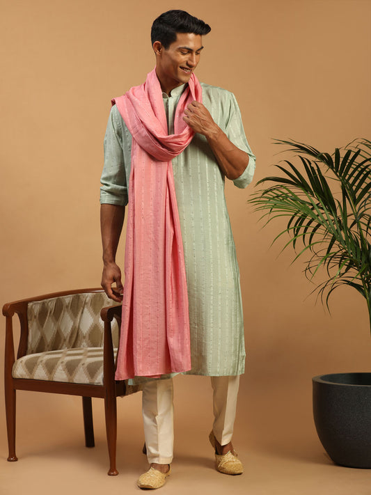 Men's Green Cotton Blend Straight Kurta  Pyjama & Dupatta Set