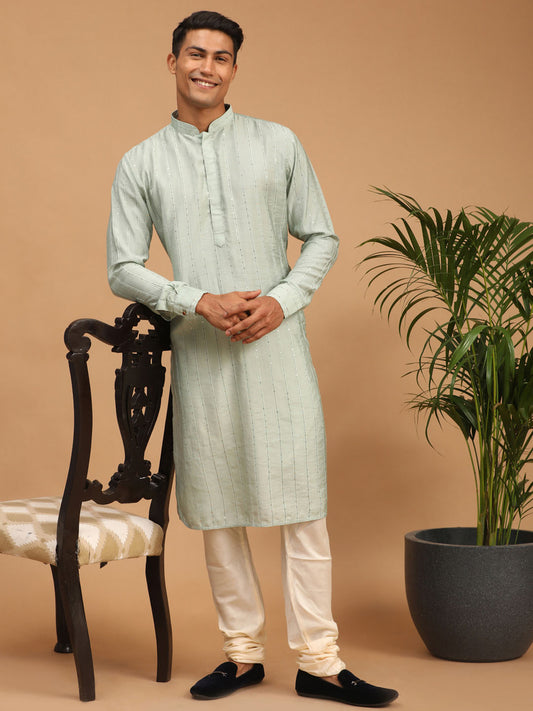 Men's Green Cotton Blend Straight Kurta Pyjama Set