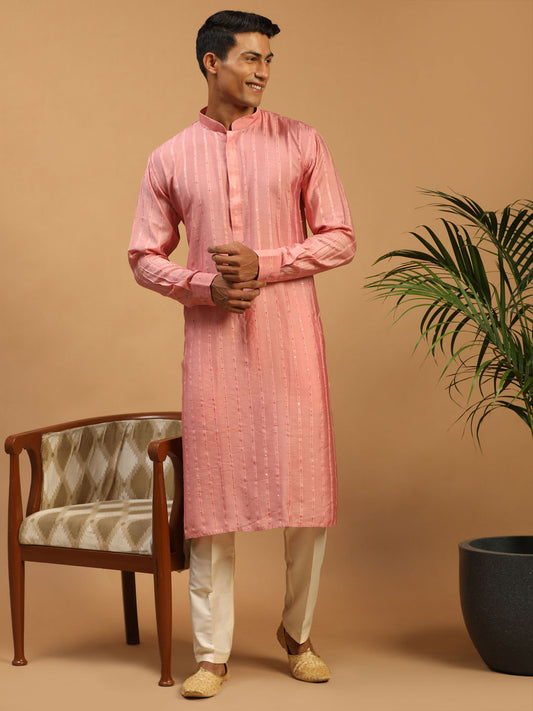 Men's Pink Cotton Blend Straight Kurta Pyjama Set