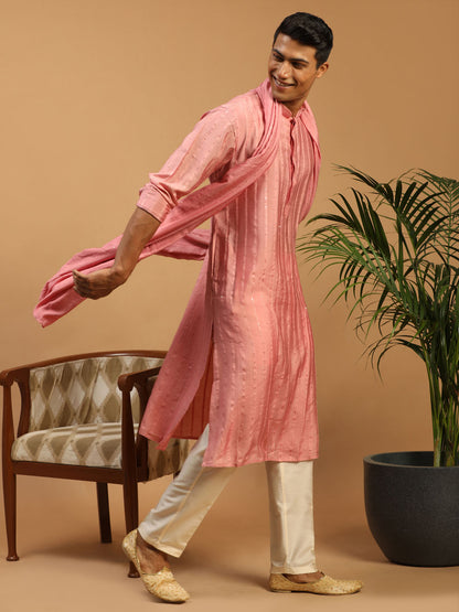 Men's Pink Cotton Blend Straight Kurta  Pyjama & Dupatta Set