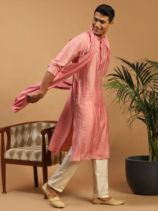 Men's Pink Cotton Blend Straight Kurta  Pyjama & Dupatta Set