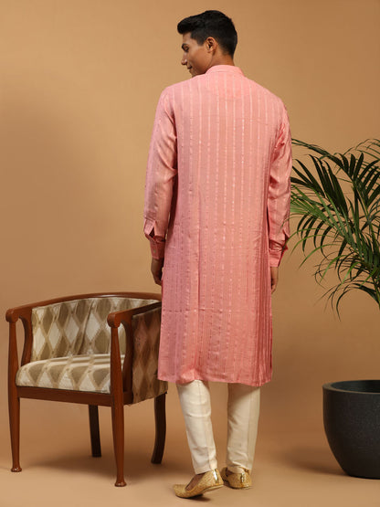 Men's Pink Cotton Blend Straight Kurta  Pyjama & Dupatta Set