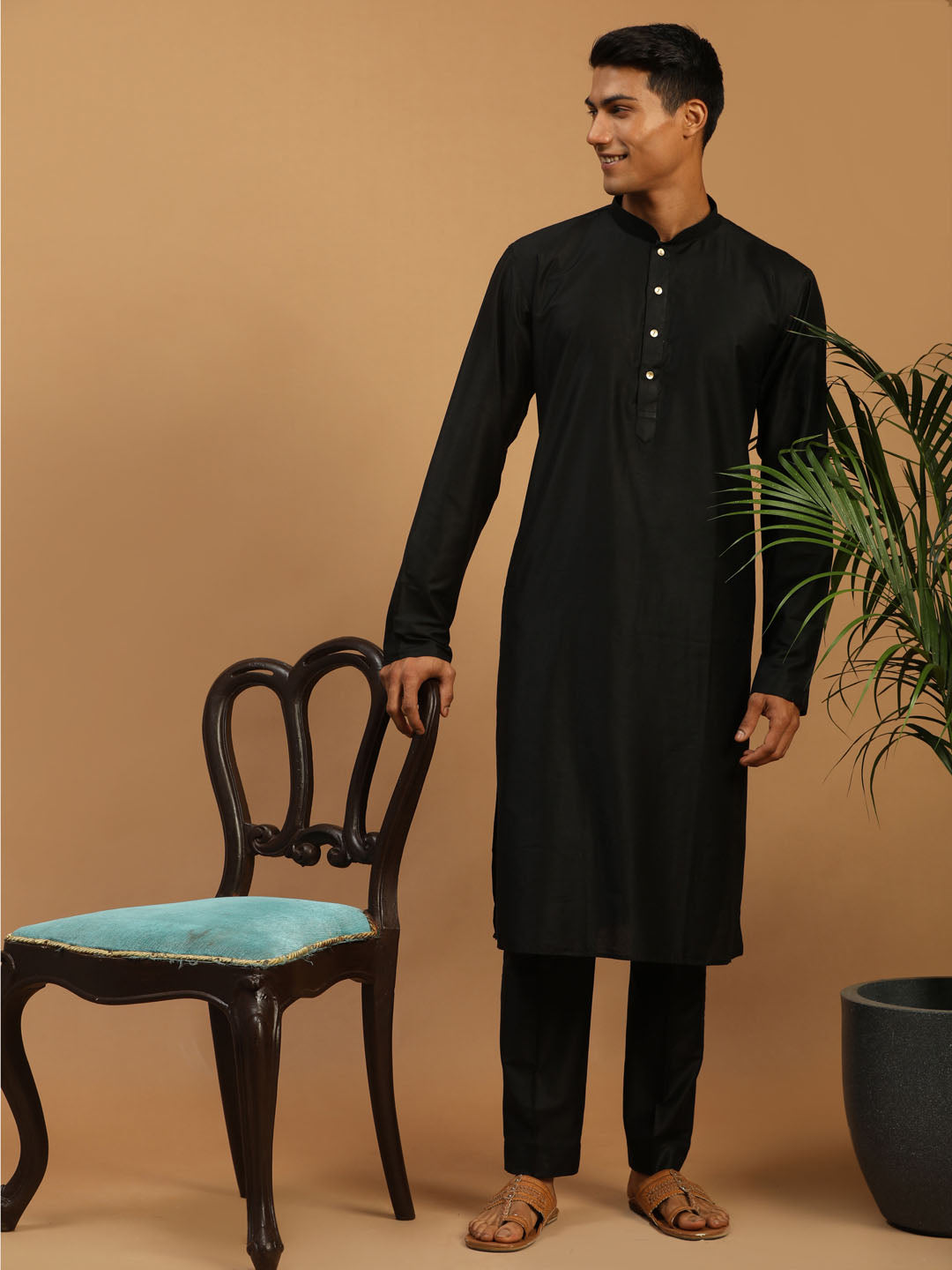 Men's Black Viscose Straight Kurta Pyjama Set