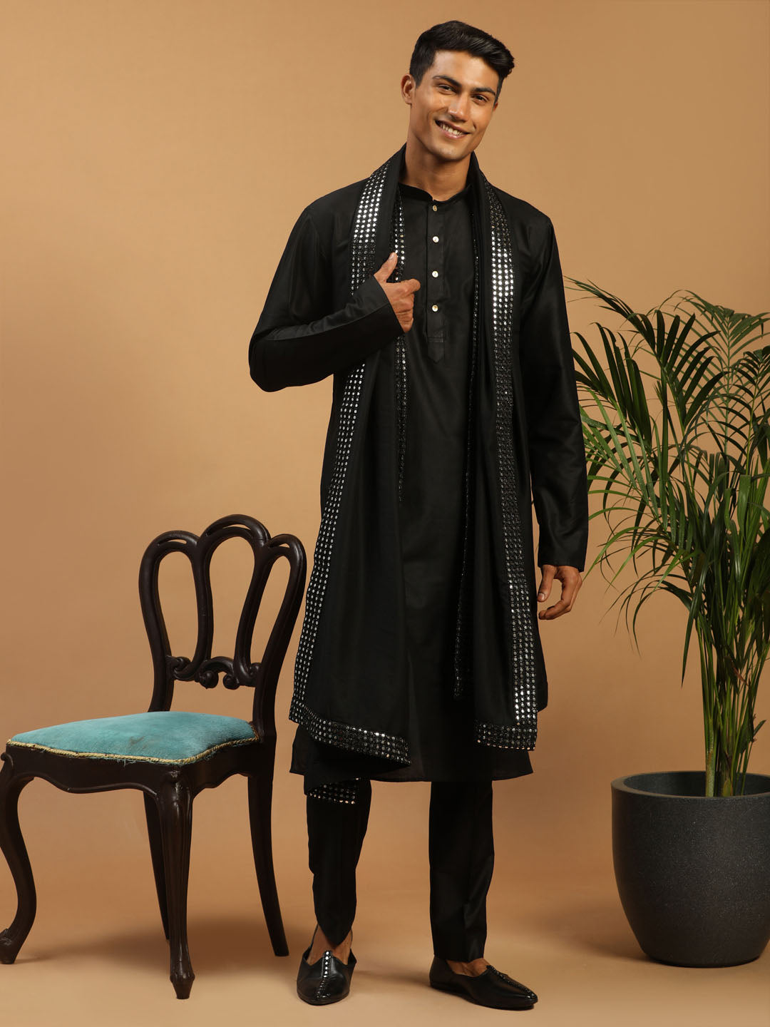 Men's Black Viscose Straight Kurta  Pyjama & Dupatta Set