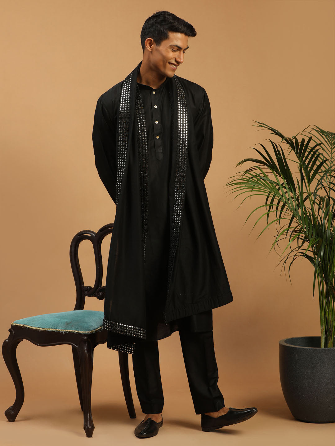Men's Black Viscose Straight Kurta  Pyjama & Dupatta Set