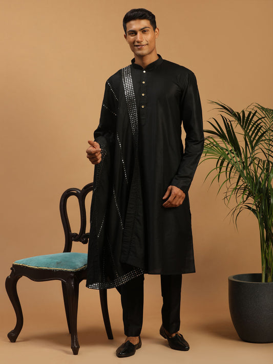 Men's Black Viscose Straight Kurta  Pyjama & Dupatta Set