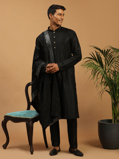 Men's Black Viscose Straight Kurta  Pyjama & Dupatta Set