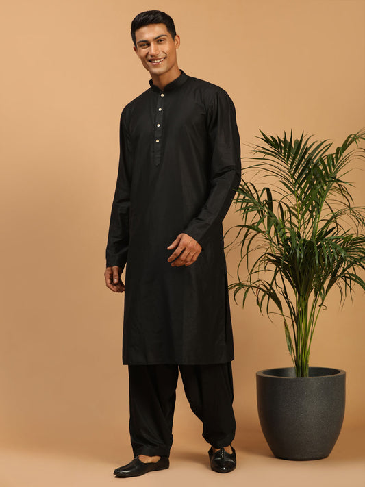 Men's Black Viscose Straight Kurta and Patiala Set