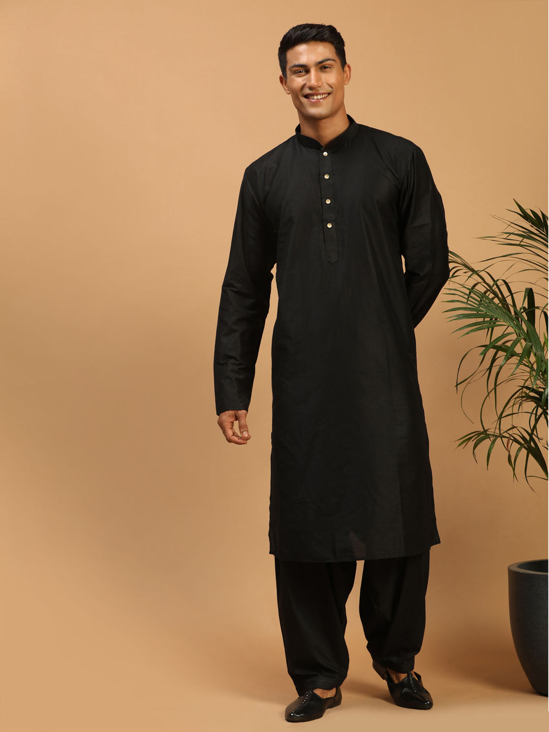 Men's Black Viscose Straight Kurta and Patiala Set