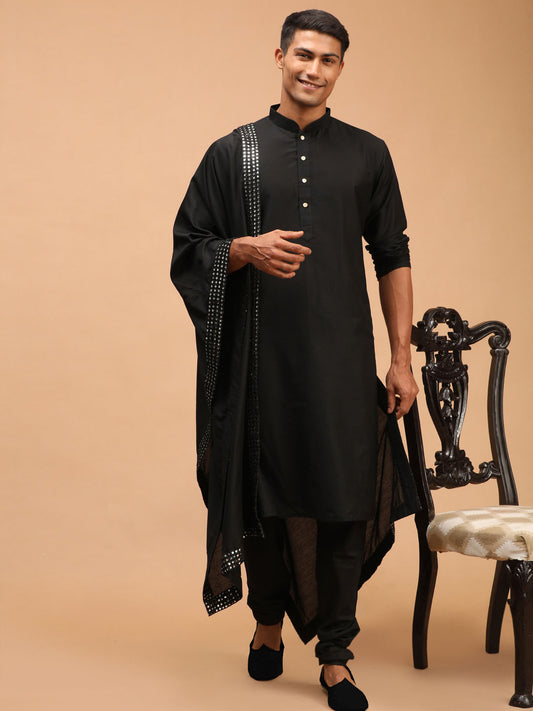 Men's Black Viscose Straight Kurta  Pyjama & Dupatta Set