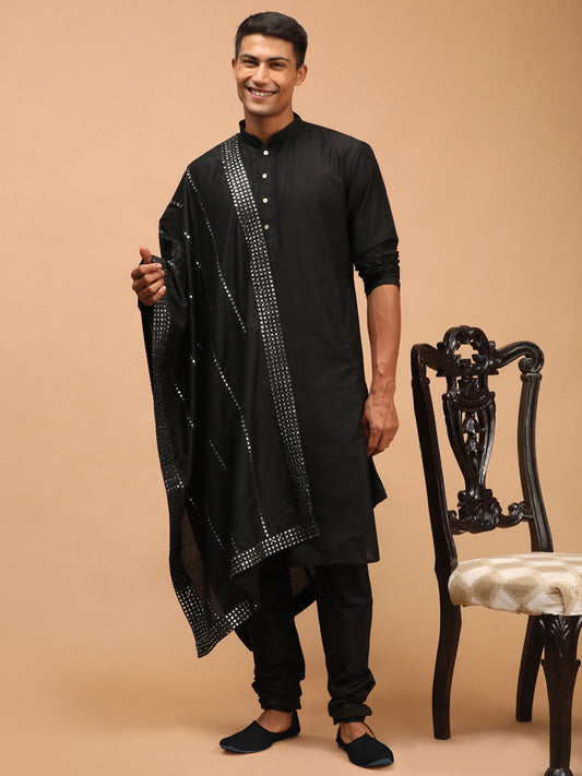 Men's Black Viscose Straight Kurta  Pyjama & Dupatta Set