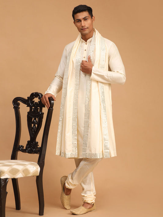 Men's Cream Viscose Straight Kurta  Pyjama & Dupatta Set