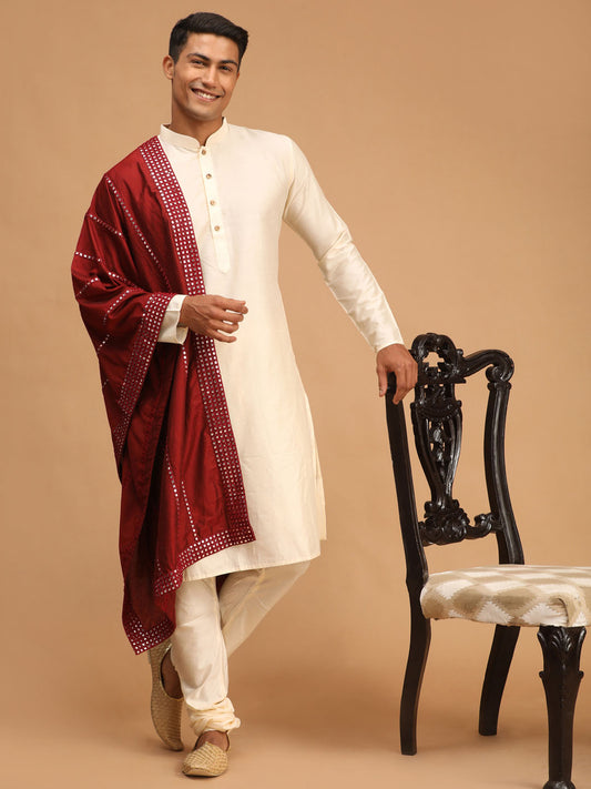 Men's Cream Viscose Straight Kurta  Pyjama & Dupatta Set