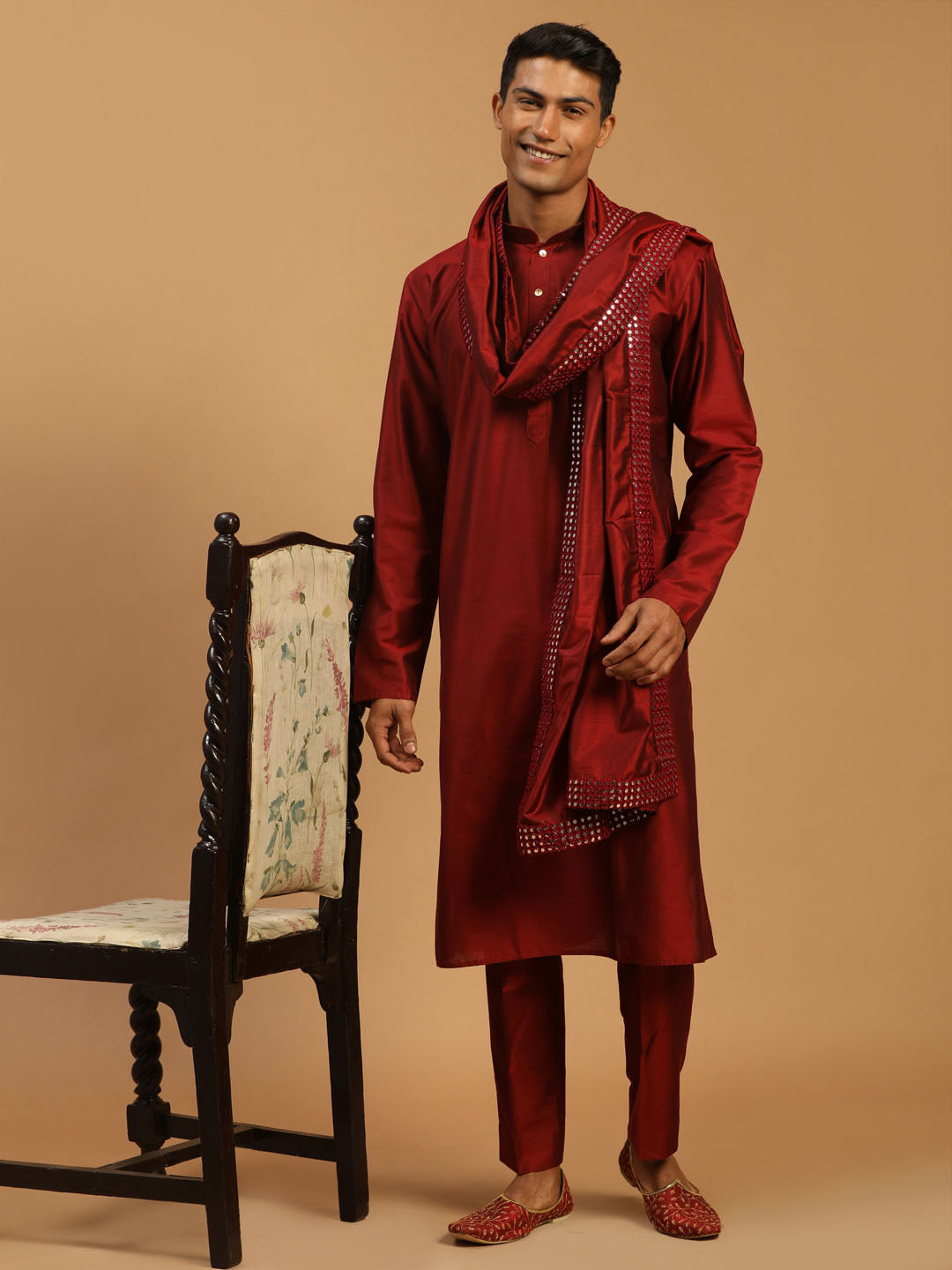Men's Maroon Georgette Straight Kurta Pyjama Set