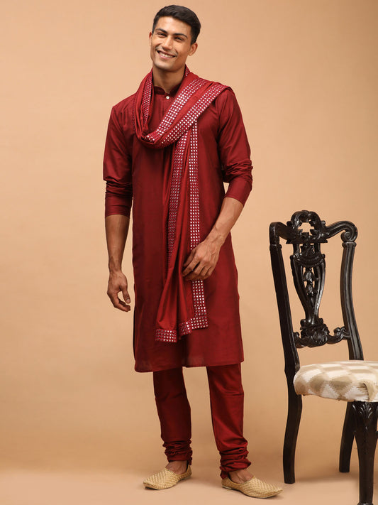 Men's Maroon Viscose Straight Kurta  Pyjama & Dupatta Set