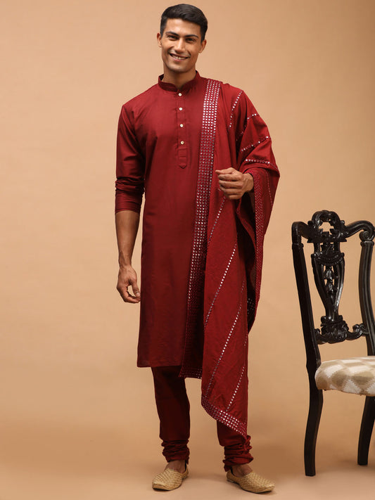 Men's Maroon Viscose Straight Kurta  Pyjama & Dupatta Set