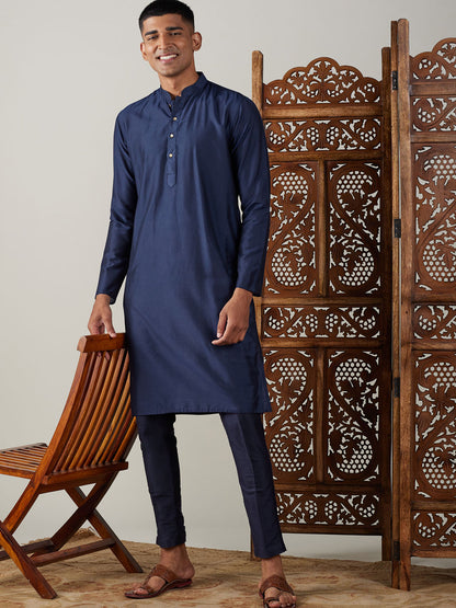 Men's Navy Blue Viscose Straight Kurta Pyjama Set