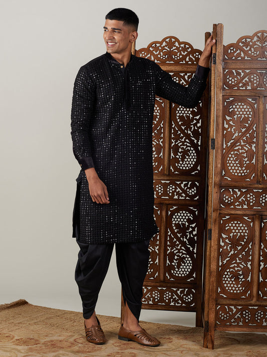 Men's Black Georgette Regular Kurta and Dhoti Set