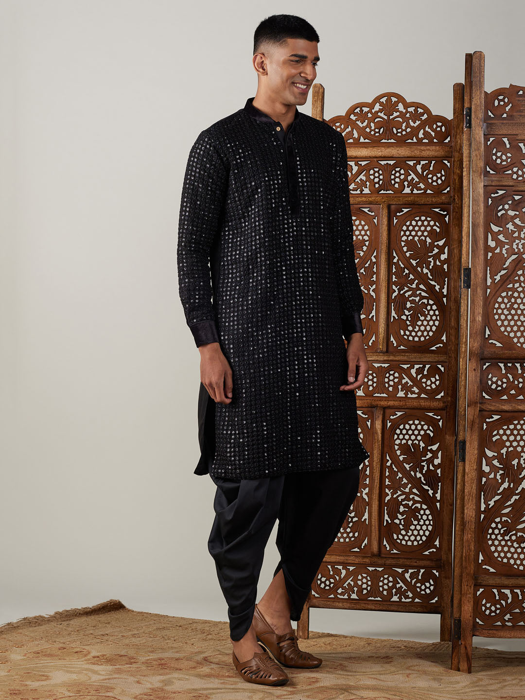 Men's Black Georgette Regular Kurta and Dhoti Set