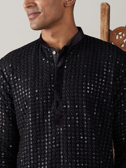 Men's Black Georgette Regular Kurta and Dhoti Set