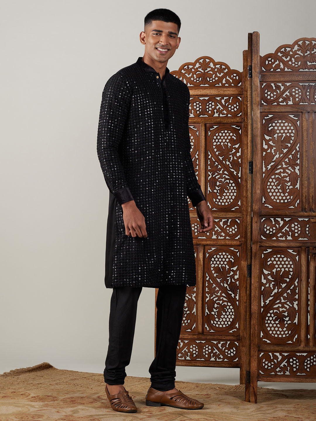 Men's Black Georgette Regular Kurta Pyjama Set