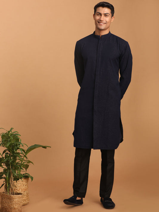 Men's Navy Blue Cotton Blend Straight Kurta Pyjama Set