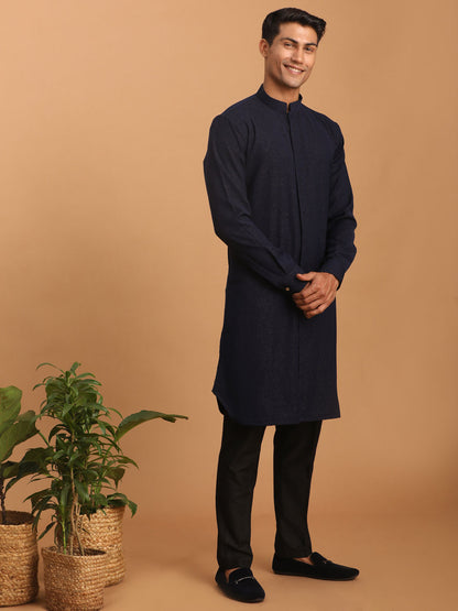 Men's Navy Blue Cotton Blend Straight Kurta Pyjama Set