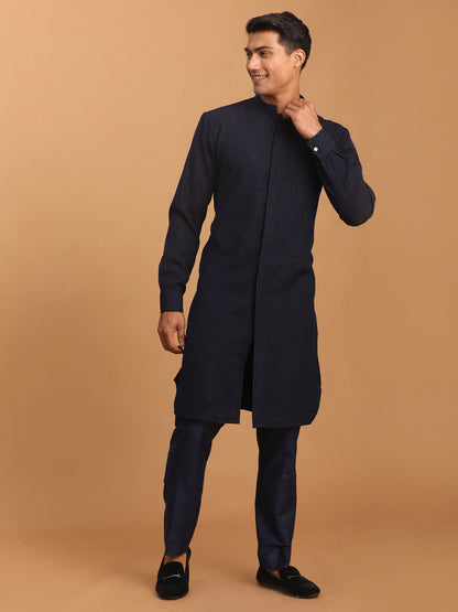 Men's Navy Blue Cotton Blend Straight Kurta Pyjama Set