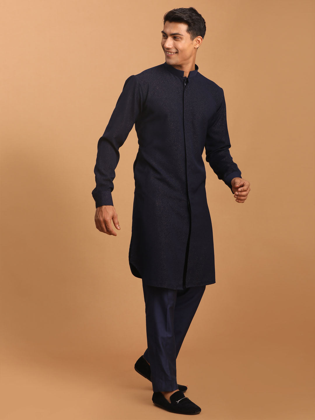 Men's Navy Blue Cotton Blend Straight Kurta Pyjama Set