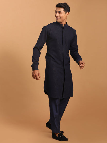 Men's Navy Blue Cotton Blend Straight Kurta Pyjama Set