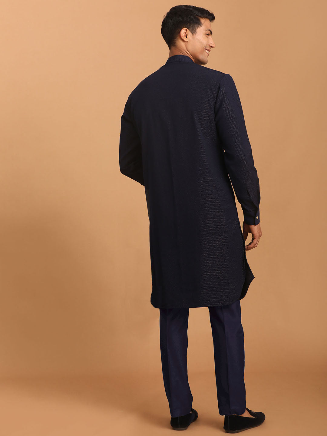 Men's Navy Blue Cotton Blend Straight Kurta Pyjama Set
