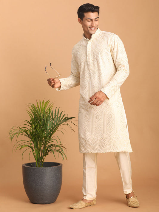 Men's Cream Cotton Blend Straight Kurta Pyjama Set
