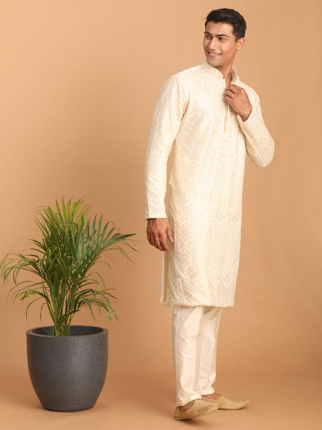 Men's Cream Cotton Blend Straight Kurta Pyjama Set