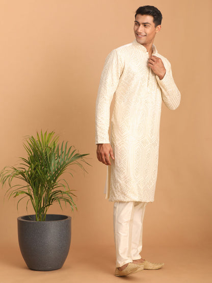 Men's Cream Cotton Blend Straight Kurta Pyjama Set