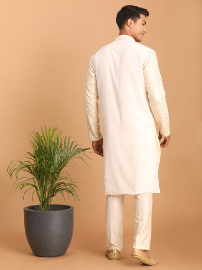 Men's Cream Cotton Blend Straight Kurta Pyjama Set