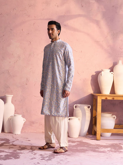 Men's Pastel Blue Georgette Straight Kurta and Patiala Set
