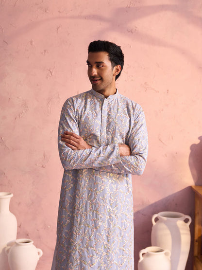 Men's Pastel Blue Georgette Straight Kurta and Patiala Set