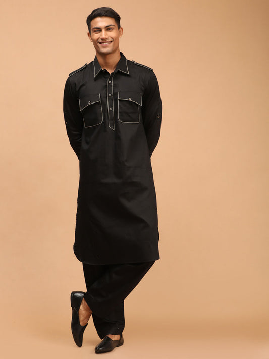 Men's Black Cotton Blend Pathani Pathani Kurta Set