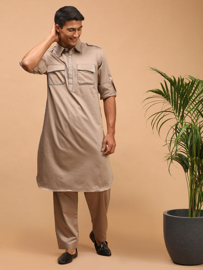 Men's Chiku Brown Cotton Blend Pathani Pathani Kurta Set