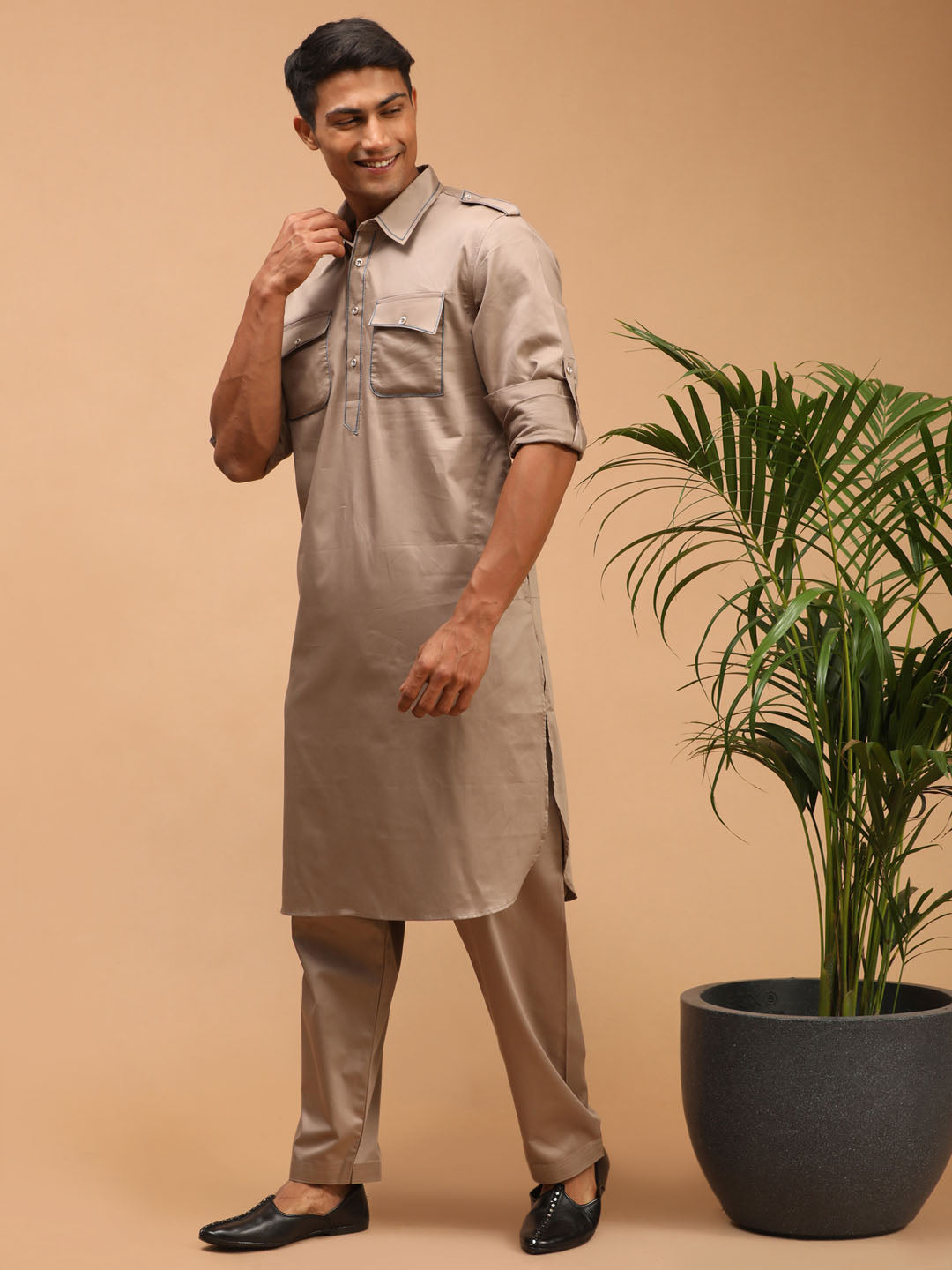 Men's Chiku Brown Cotton Blend Pathani Pathani Kurta Set