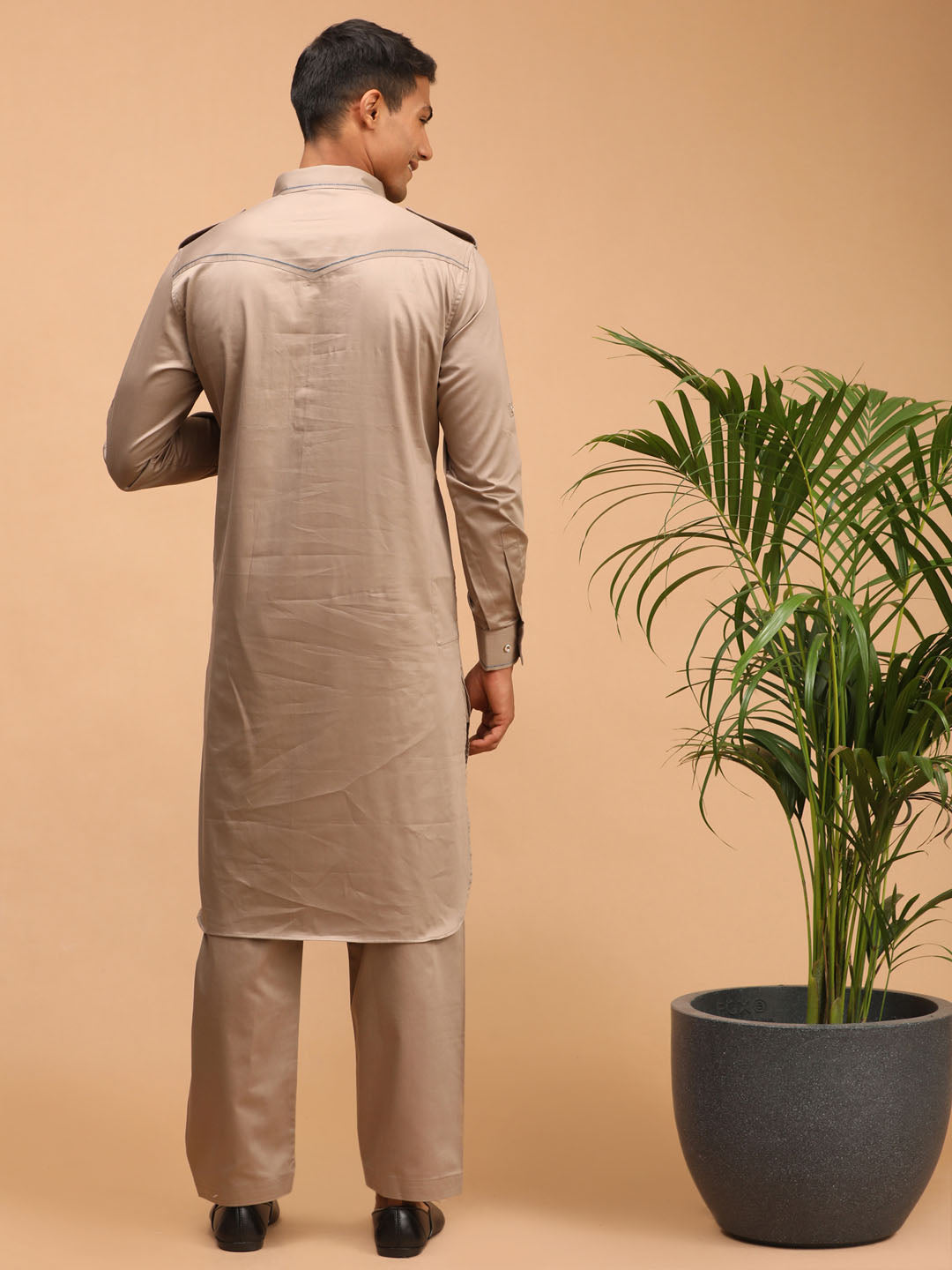 Men's Chiku Brown Cotton Blend Pathani Pathani Kurta Set
