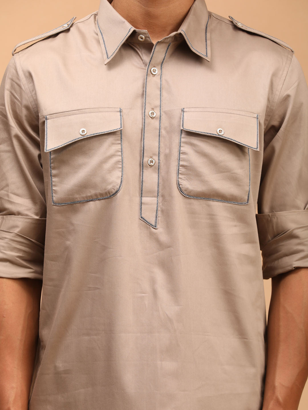 Men's Chiku Brown Cotton Blend Pathani Pathani Kurta Set