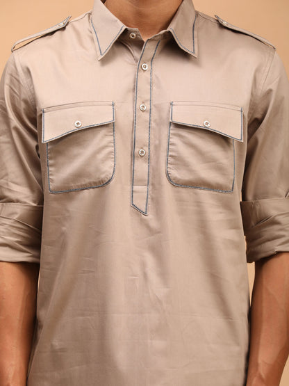 Men's Chiku Brown Cotton Blend Pathani Pathani Kurta Set
