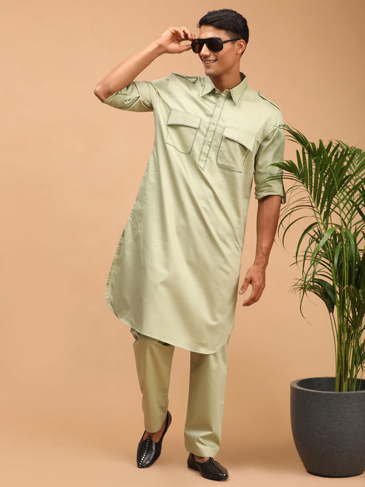 Men's Green Cotton Blend Pathani Pathani Kurta Set