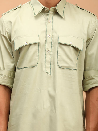 Men's Green Cotton Blend Pathani Pathani Kurta Set