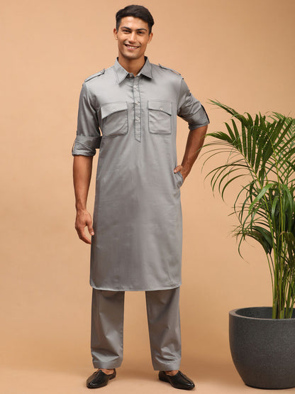 Men's Grey Cotton Blend Pathani Pathani Kurta Set
