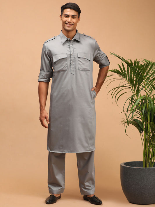 Men's Grey Cotton Blend Pathani Pathani Kurta Set