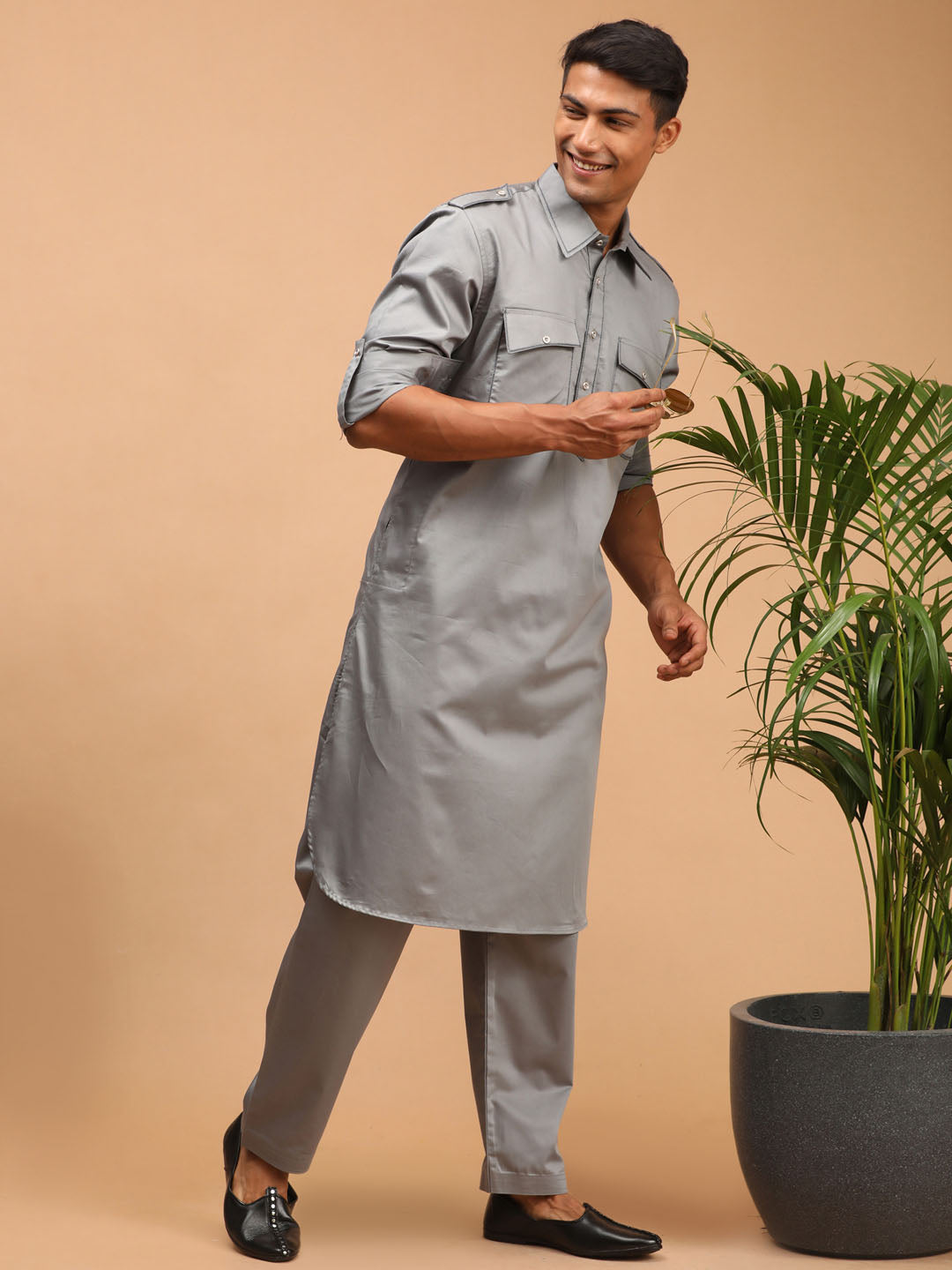 Men's Grey Cotton Blend Pathani Pathani Kurta Set
