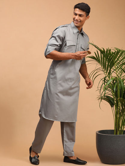 Men's Grey Cotton Blend Pathani Pathani Kurta Set