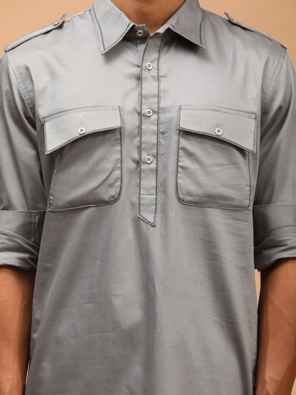 Men's Grey Cotton Blend Pathani Pathani Kurta Set